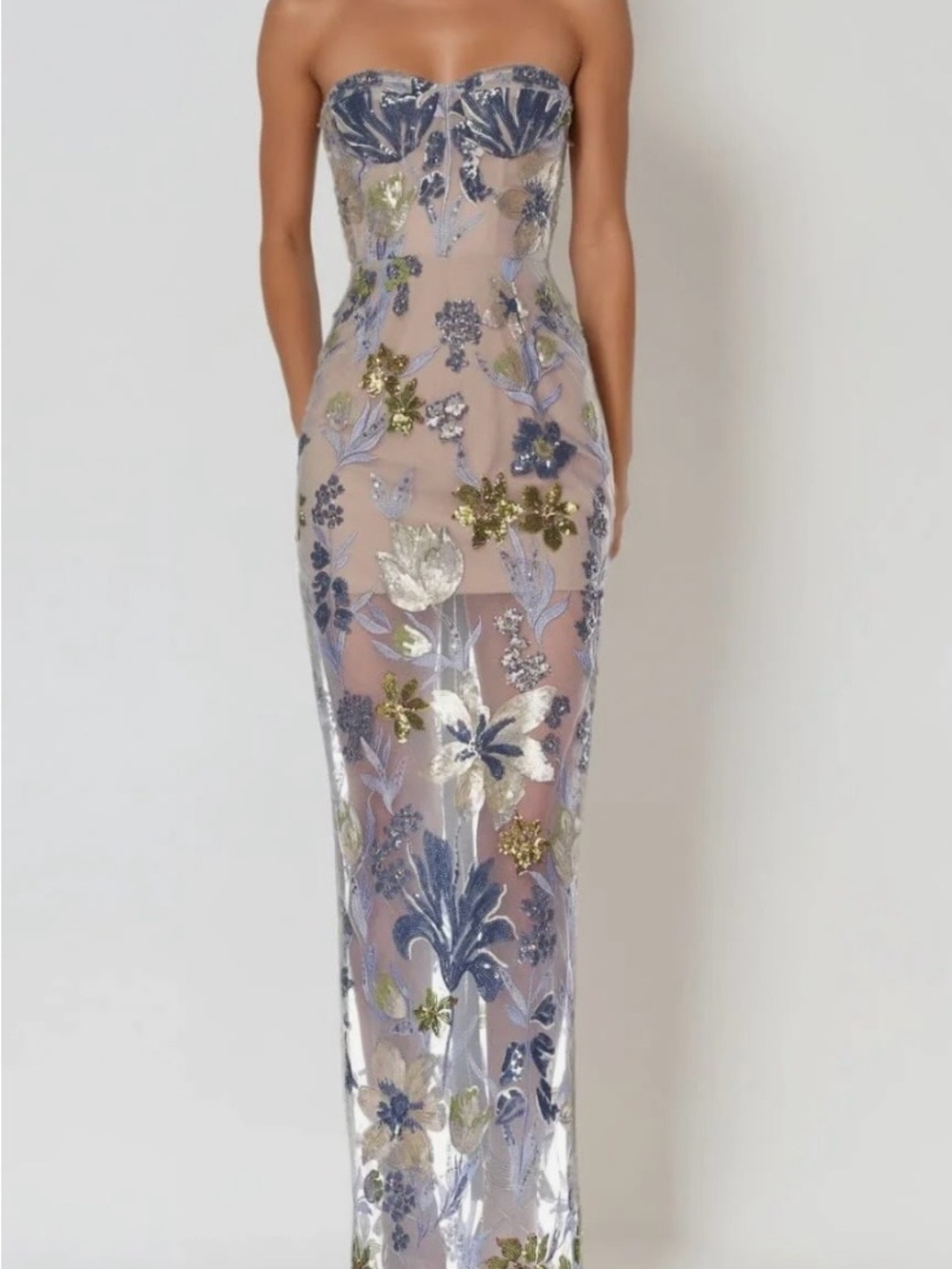 Strapless Sheer Floral Embroidered Evening Dress - Blue & Gold Accents